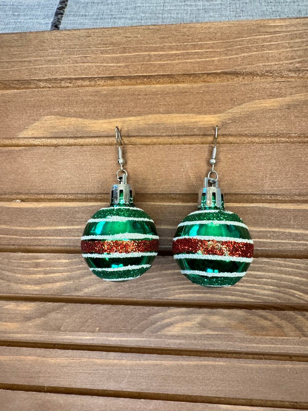 Green Red Christmas Ornament Earrings Retro Christmas Green Red Striped Earrings